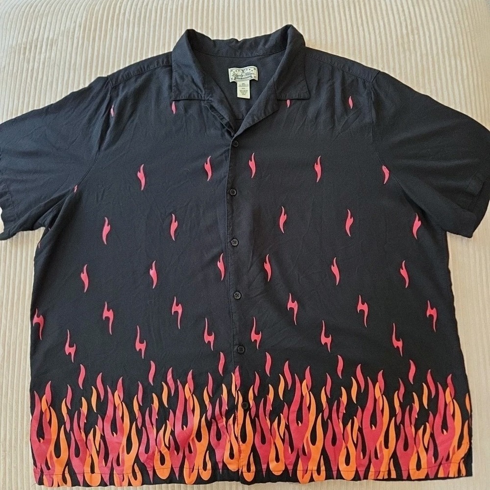 Vintage Liberty Blues Jeans Company Mens Button Up Shirt Black Flames Size 4XL
